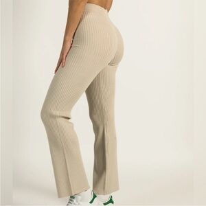 Harlow | Beige Ribbed Flared Lounge Leggings /Pants